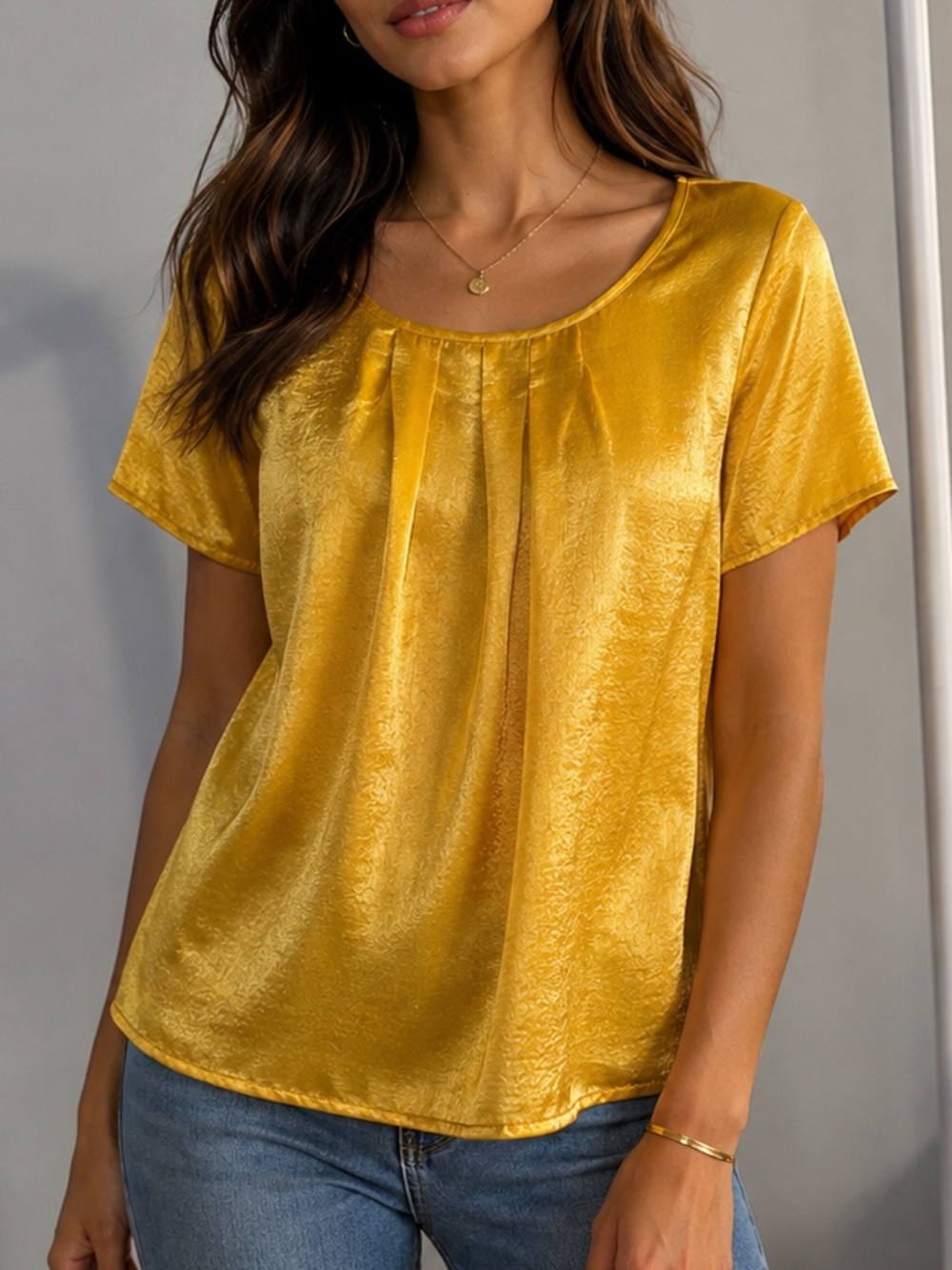 Notations Gold Satin Short-Sleeve Pleated Top